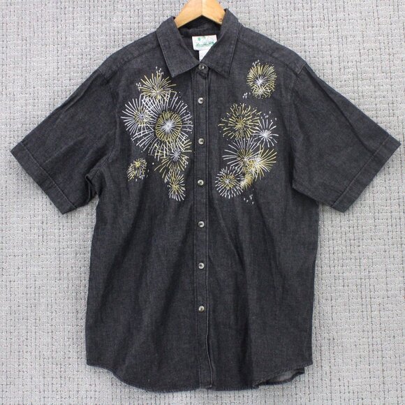The Quacker Factory Shirt Womens Large L Gray Button Down Embroidered Oversized - Picture 1 of 9